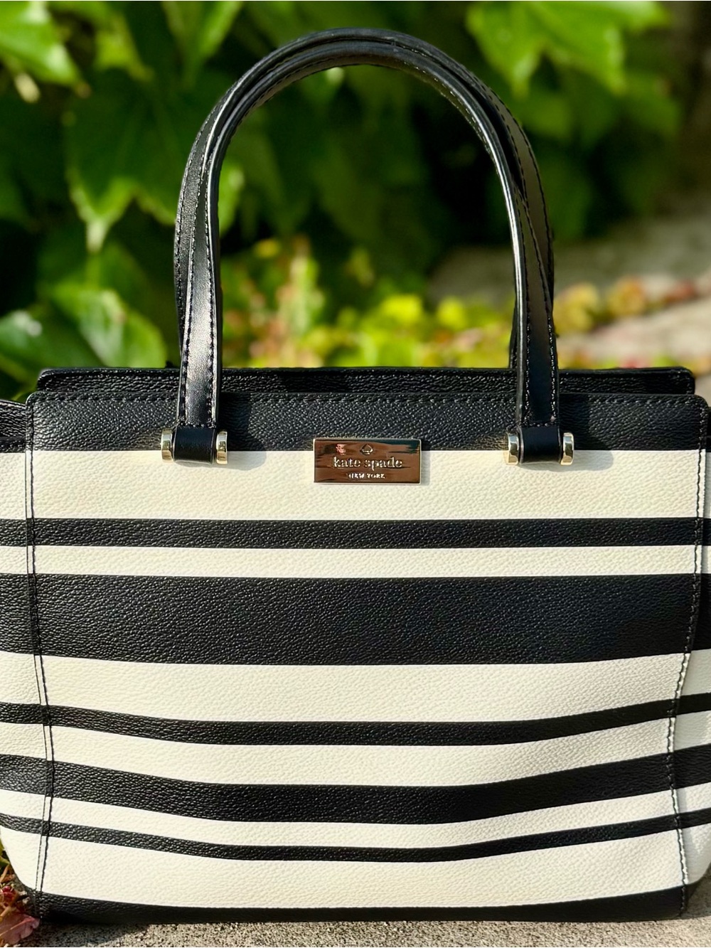 Kate Spade Arbour Hill Annelle Striped Satchel Black White PVC Leather Trim Bag
